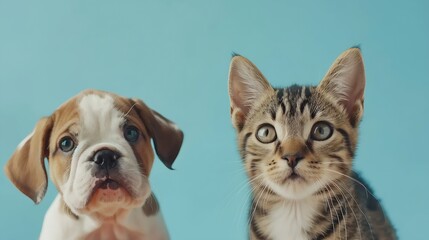 bulldog puppy and a tabby cat standing in front of a light blue background both staring at the camera : Generative AI