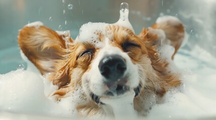 Funny portrait of a welsh corgi pembroke dog showering with shampoo. Dog taking a bubble bath in grooming salon. : Generative AI