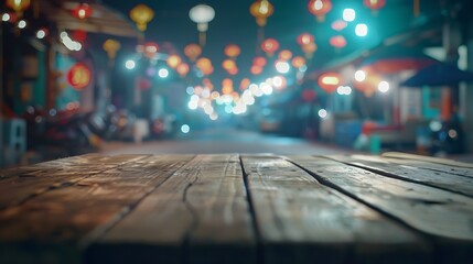 Empty wood table on blur night market background : Generative AI
