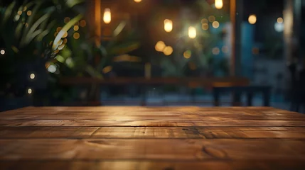 Tuinposter Empty wood table top and blur of cafe restaurant in dark night backgroundselective focus For montage product display : Generative AI © Generative AI