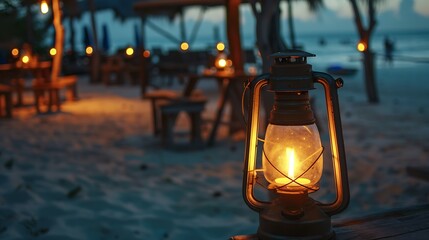 Romantic night on Indian ocean shore Beach cafe and lighting lanterns Kendwa beach Zanzibar Tanzania Africa Selective focus on the lantern : Generative AI