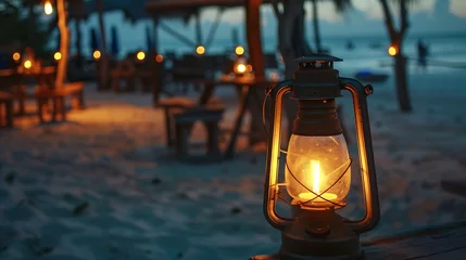 Foto auf Acrylglas Nungwi Strand, Tansania Romantic night on Indian ocean shore Beach cafe and lighting lanterns Kendwa beach Zanzibar Tanzania Africa Selective focus on the lantern : Generative AI