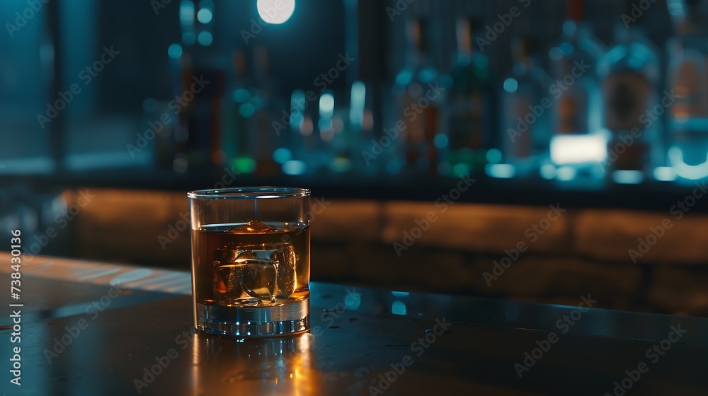 Poster a glass of whiskey on the bar in front of the bar : Generative AI