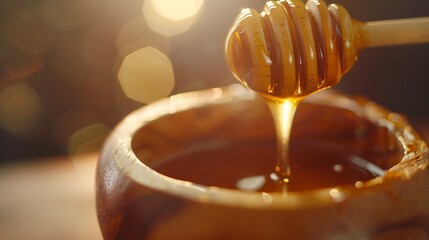Honey dripping from honey dipper in wooden bowl Closeup Healthy organic Thick honey dipping from the wooden honey spoon closeup : Generative AI - Powered by Adobe