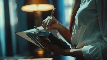 Business woman counting on calculator and holding documents in hands closeup. Bookkeeping concept : Generative AI