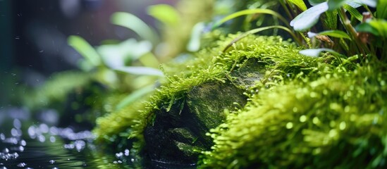 Freshwater aquascape plant with moss-covered stone, Amano style design, vibrant colors under LED light, expert aquarium maintenance, fish in blurred shallow depth of field.