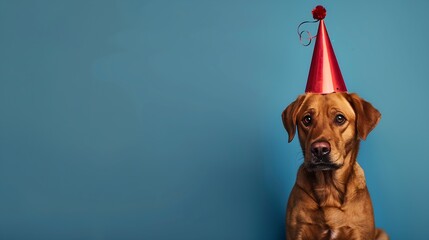 Cute dog celebrating with red pary hat and blow-out against a blue background and copy space to side : Generative AI - obrazy, fototapety, plakaty