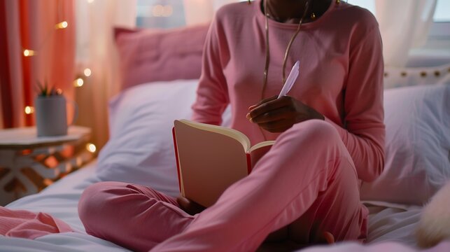 Cropped shot of dark skinned woman sits crossed legs wears pyjamas makes notes in diary focused aside blank copy space against domestic interior Blogger creats publication for blog in  : Generative AI