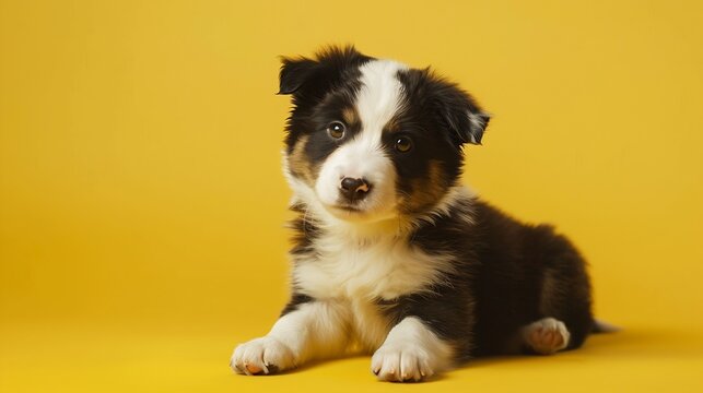 Funny studio portrait of cute smilling puppy dog border collie isolated on yellow background. New lovely member of family little dog gazing and waiting for reward. Pet care and animals : Generative AI