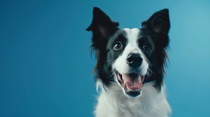 adorable portrait of amazing healthy and happy adult black and white border collie in the photo studio on the blue background : Generative AI