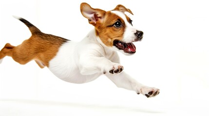 Portrait of cute playful puppy of Jack Russell Terrier in motion, jumping isolated over white studio background. Concept of motion, beauty, vet, breed, pets, animal life. Copy space fo : Generative AI
