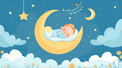 月の上で眠る赤ちゃんのイラスト