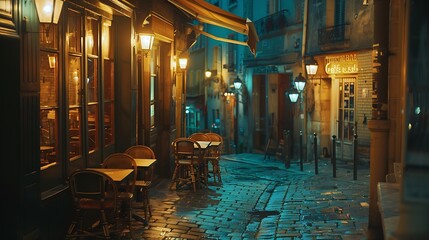 Cozy street with tables of cafe in Paris at night France Cityscape of Paris Architecture and landmarks of Paris : Generative AI - obrazy, fototapety, plakaty