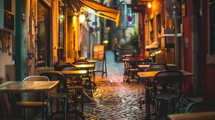 Fototapeten Night view of the narrow streets of Lisbon with cafe outdoors Portugal : Generative AI © Generative AI