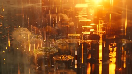 Double exposure of city, graph and rows of coins for finance and business concept : Generative AI