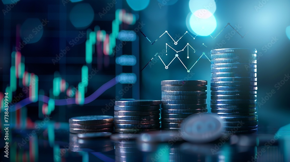 Poster coin stack with growth chart for financial and banking concept. investing economic growing. : genera