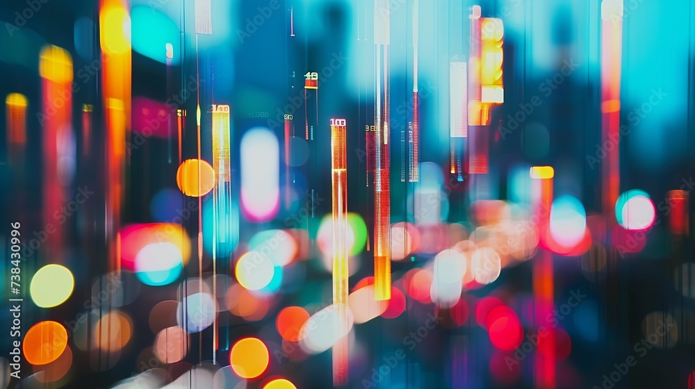 Poster abstract glowing big data forex candlestick chart on blurry city backdrop. trade, technology, invest
