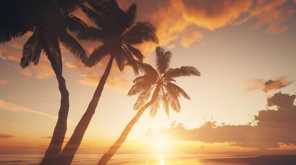 Sunset Beach with palm trees and beautiful sky landscape Travel Tourism vacation concept background Mexico Paradise scene of Caribbean Island Beautiful coconut palms silhouettes over o : Generative AI