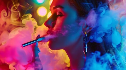 Fashion art portrait of beauty model woman in bright lights with colorful smoke Smoking girl Close up of a female inhaling from an electronic cigarette Night life concept : Generative AI
