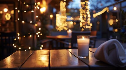 Lit up candle at an outdoor table of a restaurant in winter cosy atmosphere selective focus bokeh : Generative AI