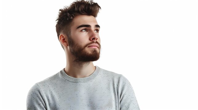 Isolated shot of young handsome male with beard mustache and trendy hairdo wears casual grey sweater has serious expression as listens to interlocutor poses in studio against white bac : Generative AI