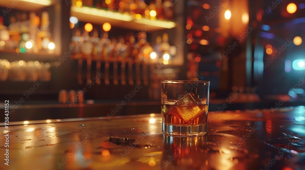 Poster a glass of whiskey on the bar in front of the bar : generative ai