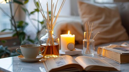 Bamboo sticks in bottle with scented candles with cup of tea and open book on marble table closeup Home aroma Aromatherapy Apartment living : Generative AI
