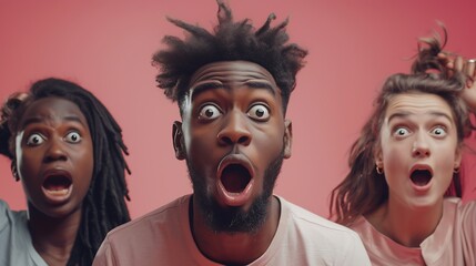 Shocked stupefied dark skinned man and their companions pose against pink background Emotional surprised horrified mixed race people see something unexpected in front Human reaction co : Generative AI - obrazy, fototapety, plakaty