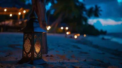 Fototapete Nungwi Strand, Tansania Romantic night on Indian ocean shore Beach cafe and lighting lanterns Kendwa beach Zanzibar Tanzania Africa Selective focus on the lantern : Generative AI