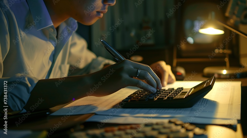 Leinwandbilder businessman working on desk office with using a calculator to calculate the numbers, finance account