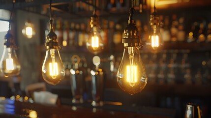 Vintage luxury interior lighting decor in cafe old Vintage light bulb lamps Restaurant Bar lighting interior design Vintage Light bulbs at wine chamber in front of alcoholic drinks bot : Generative AI