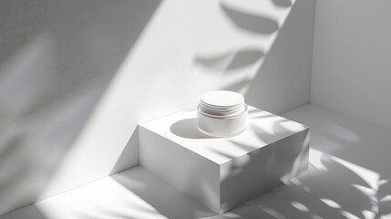 Cream lotion pot cosmetics showcase presentation mockup on white White creme cosmetic jar on acrylic geometric pedestal podium block beauty product packaging with shadows high angle vi : Generative AI