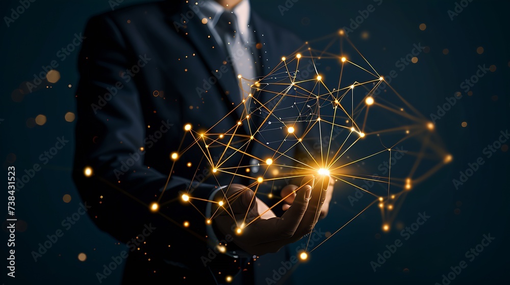 Leinwandbilder Businessman holding global network connection on social networking and customer data analytics, Business strategy and smart intelligence, digital marketing, Technology and global busin : Generative AI