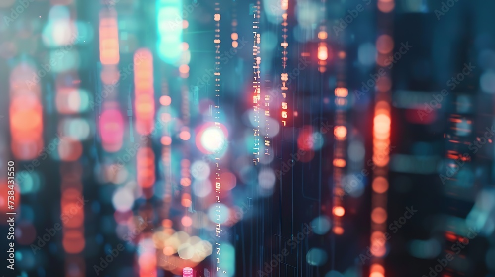 Poster abstract glowing big data forex candlestick chart on blurry city backdrop. trade, technology, invest