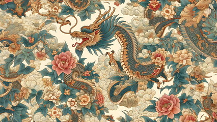 Oriental Seamless Pattern with Dragon and Flower