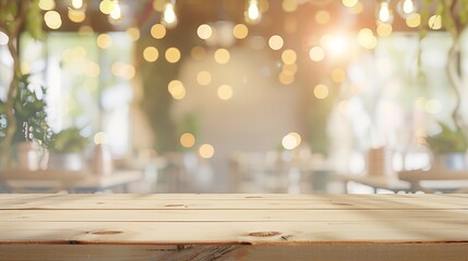 Image of wooden table in front of abstract blurred restaurant lights background : Generative AI