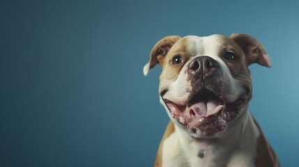 Portrait happy smiling american bully dog. Isolated on blue background. : Generative AI - obrazy, fototapety, plakaty