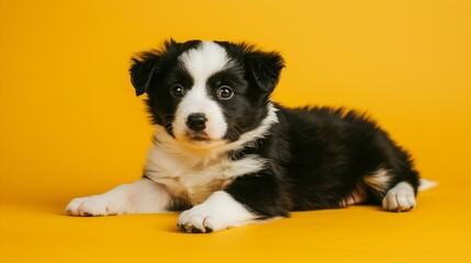 Funny studio portrait of cute smilling puppy dog border collie isolated on yellow background. New lovely member of family little dog gazing and waiting for reward. Pet care and animals : Generative AI