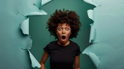 Photo of surprised Afro woman in black t shirt gasps from amazement looks with scared face expression aside dressed in black t shirt unexpected to see something horrible poses in torn  : Generative AI - obrazy, fototapety, plakaty