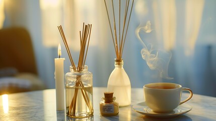 Bamboo sticks in bottle with scented candles and cup of tea on marble table closeup Home aroma Aromatherapy Apartment living : Generative AI