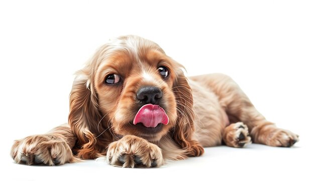 Cocker Spaniel puppy dog laying down and licking his lips isolated against a white background : Generative AI