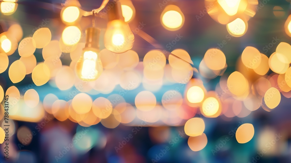 Poster Abstract blur image of Cafe or Restaurant in night time with bokeh for background usage vintage tone : Generative AI