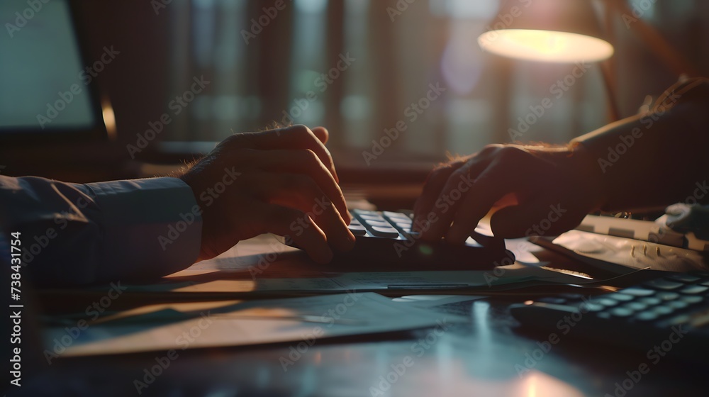 Fototapete businessman working on desk office with using a calculator to calculate the numbers, finance accounting concept : Generative AI