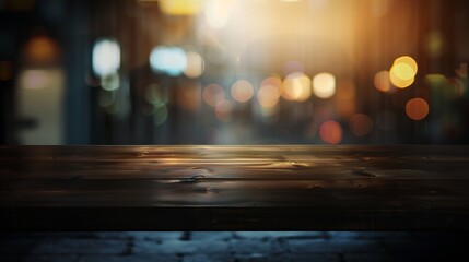 Empty dark wooden table in front of abstract blurred bokeh background of restaurant can be used for display or montage your productsMock up for space : Generative AI - obrazy, fototapety, plakaty