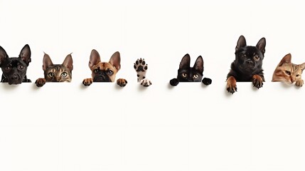 Row of the tops of heads of cats and dogs with paws up, peeking over a blank white sign. Sized for...