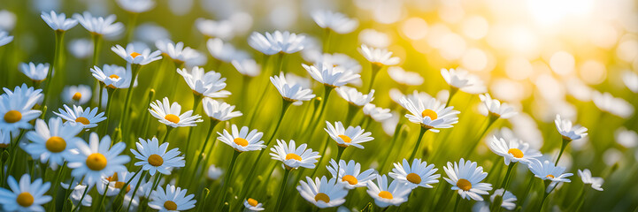 Meadow of blooming daisies at dawn, spring background, banner © Valerii