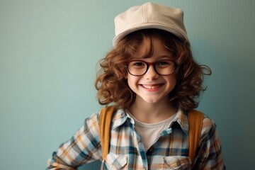 Portrait of a cute little boy in glasses and a hat.