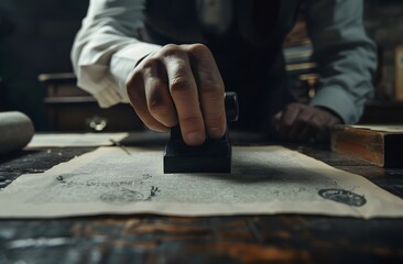 a business man pressing the stamp on the paperwork