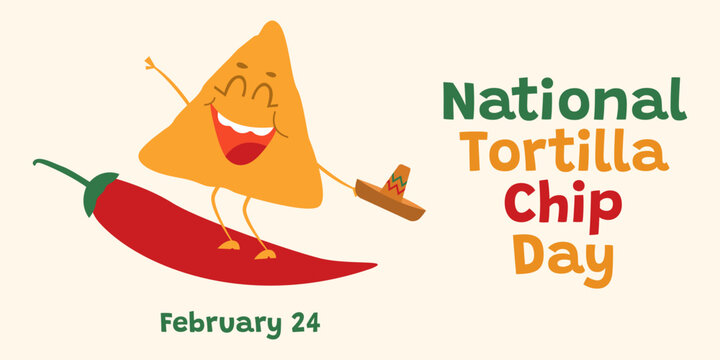 Festive banner for National Tortilla Chip Day with nacho and chili pepper