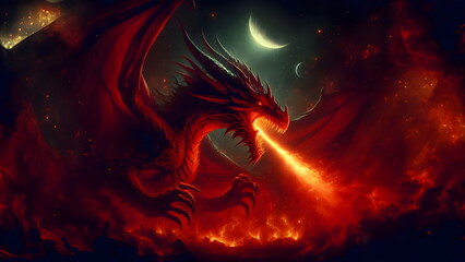 Red dragon breathing fire. Mythology creature. Dark fantasy